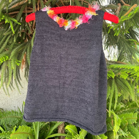 Vtg Black Sleeveless Loose Knit Top with Fuzzy Multicolor Neckline | Small - Picture 3 of 8
